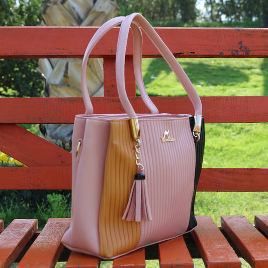 Blush Pink Color Block Ribbed Tote Bag
