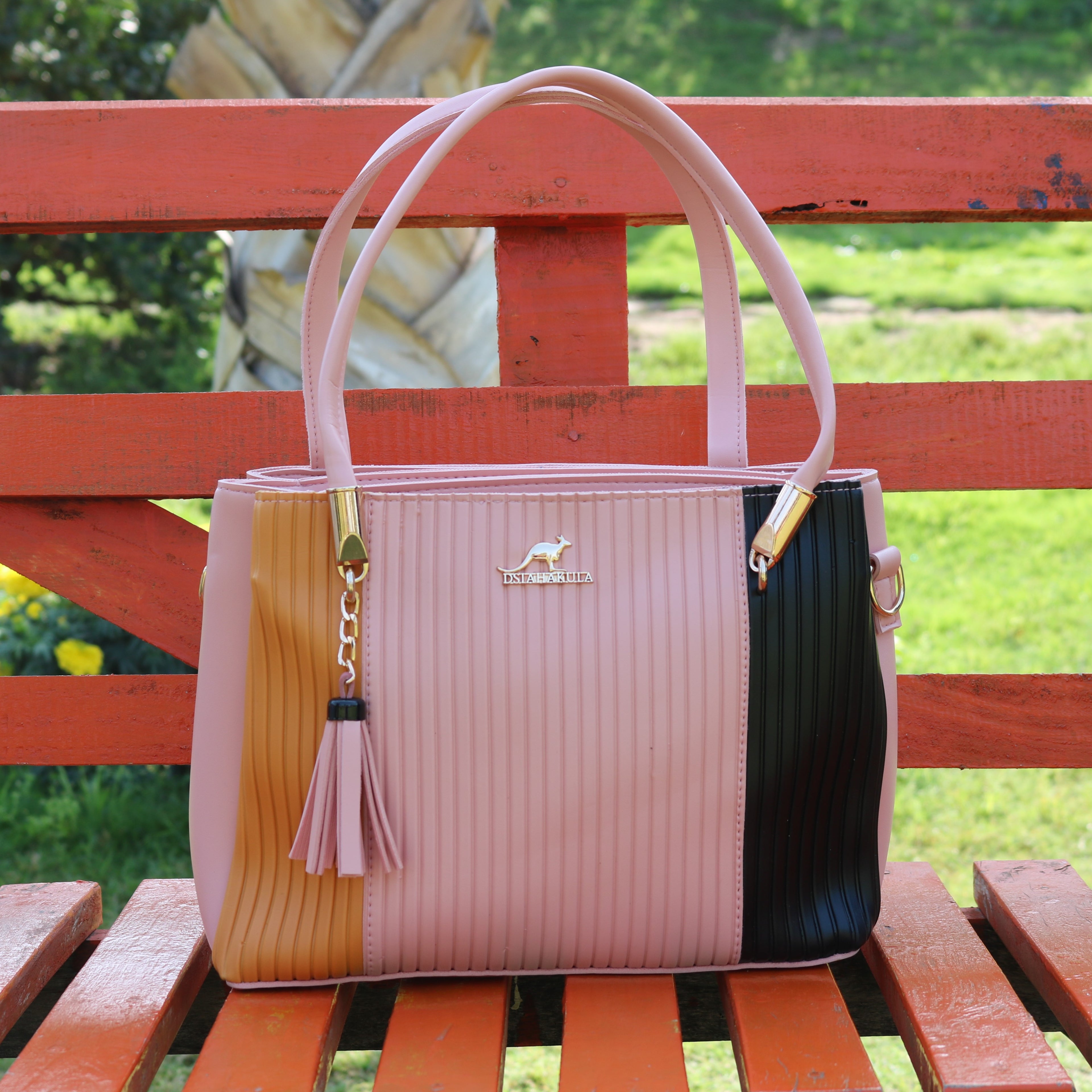 Blush Pink Color Block Ribbed Tote Bag