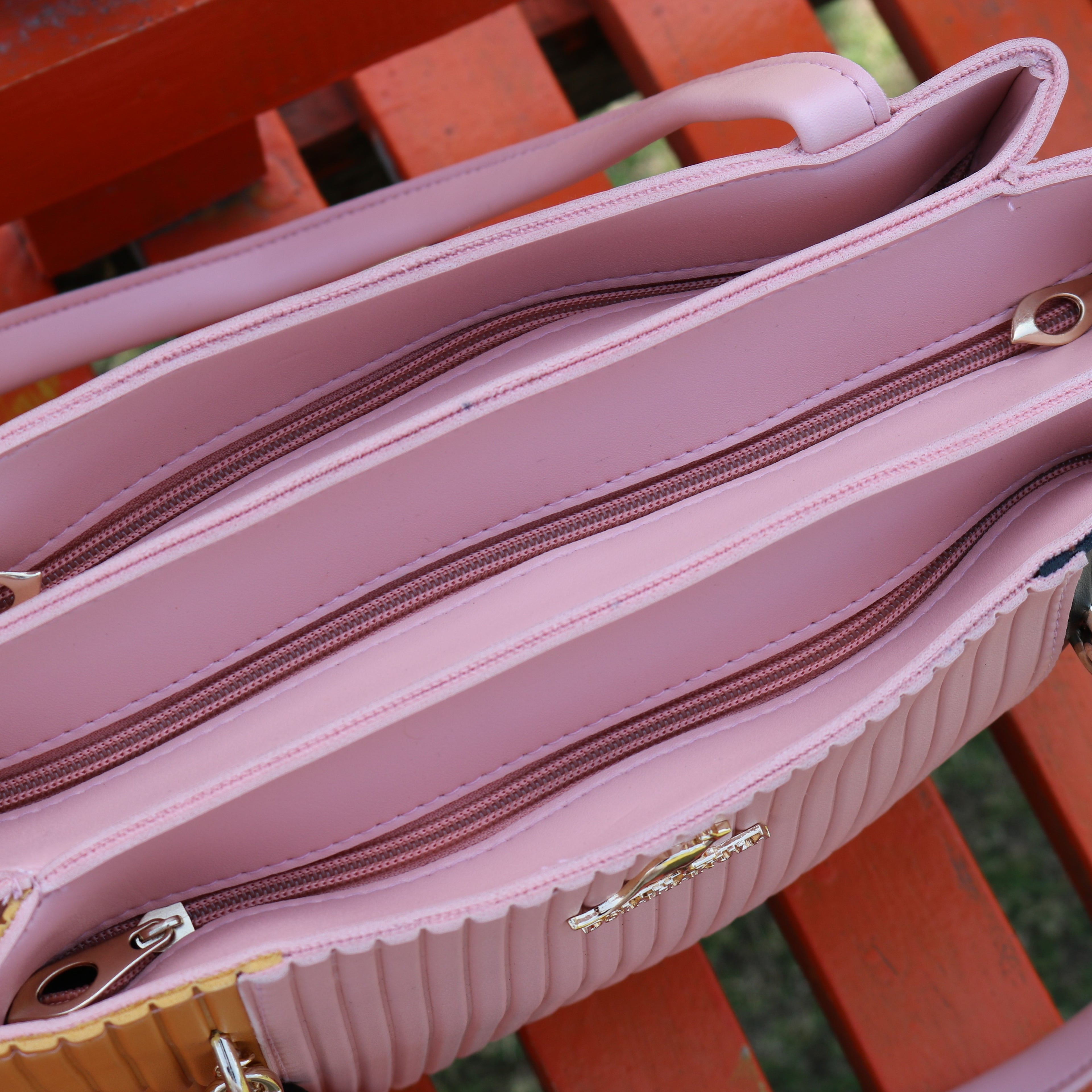 Blush Pink Color Block Ribbed Tote Bag