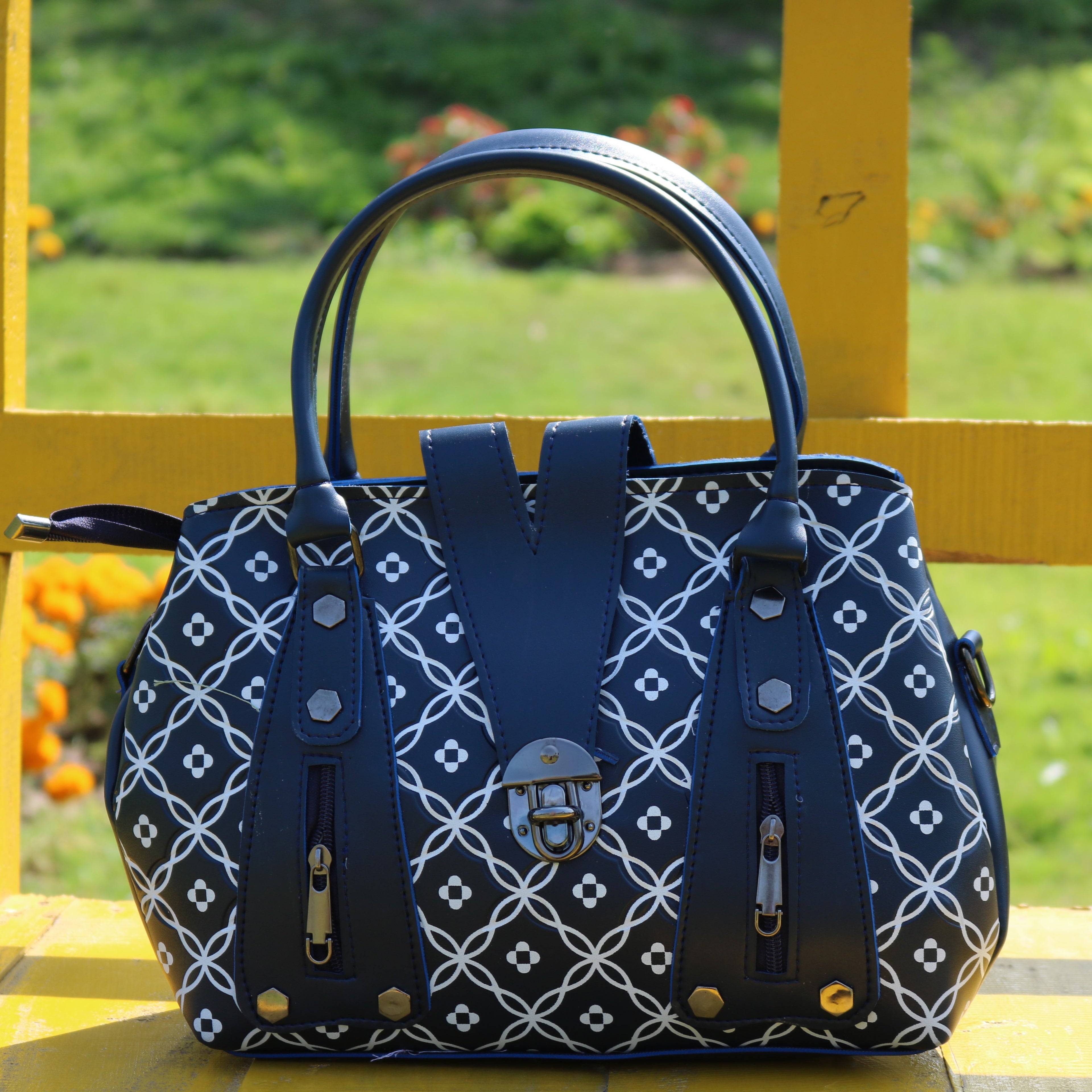 Navy Blue Geometric Print Handbag