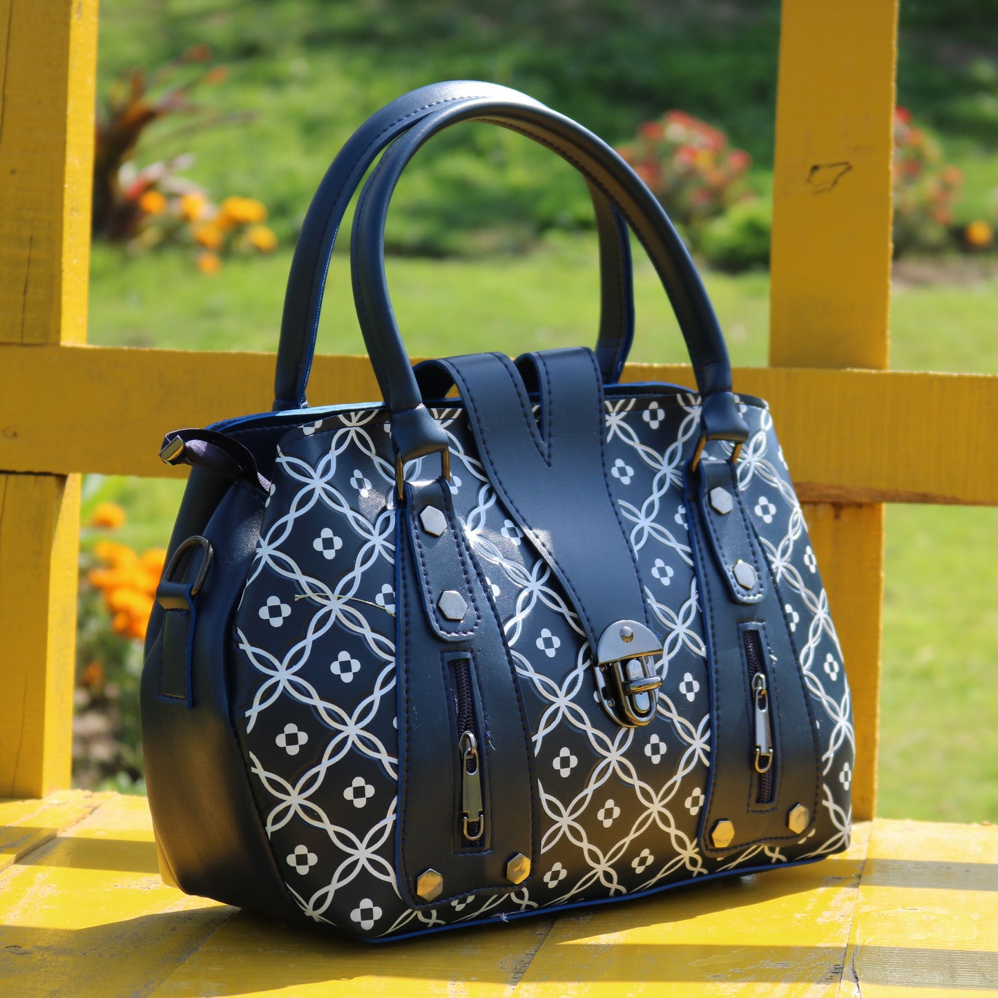 Navy Blue Geometric Print Handbag