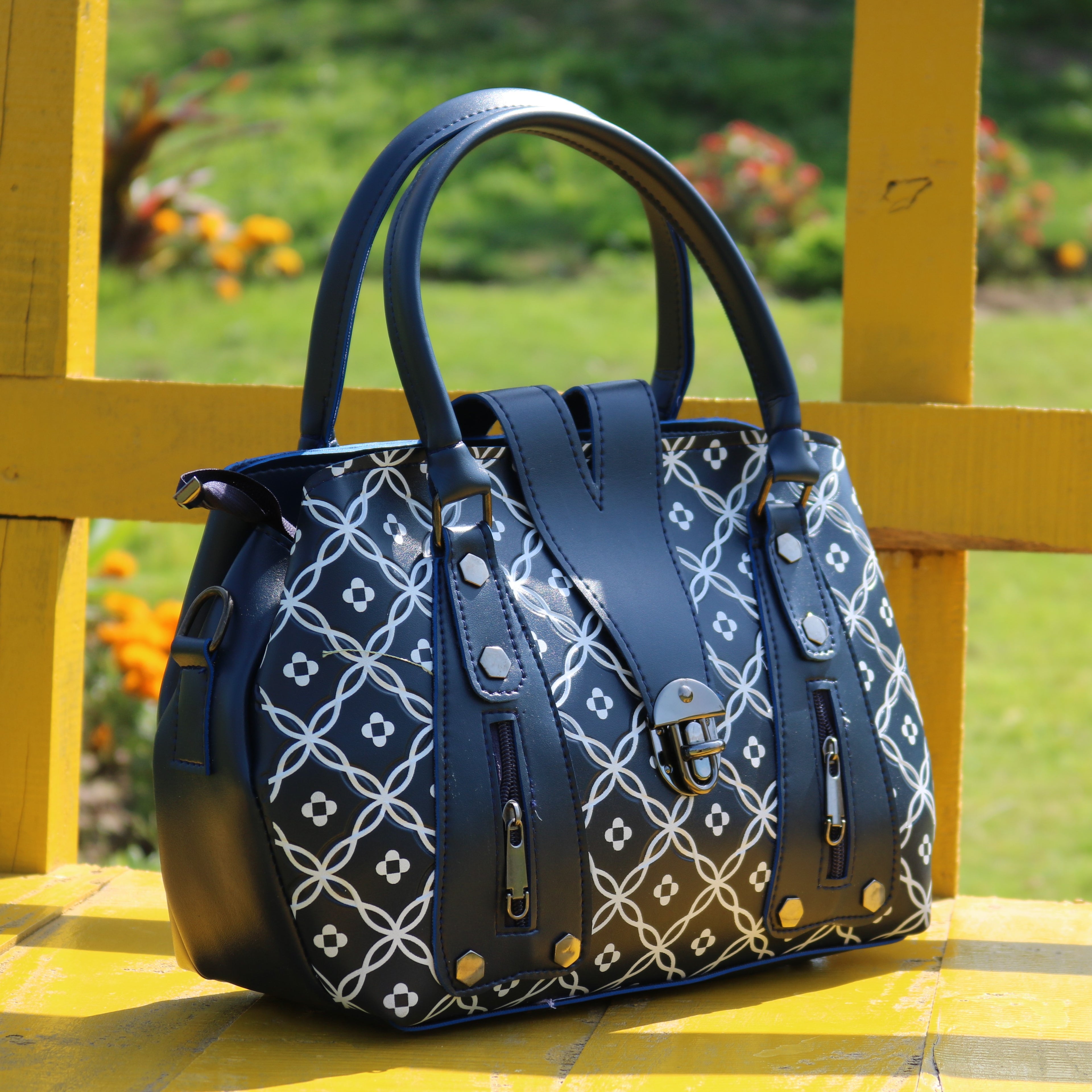 Navy Blue Geometric Print Handbag