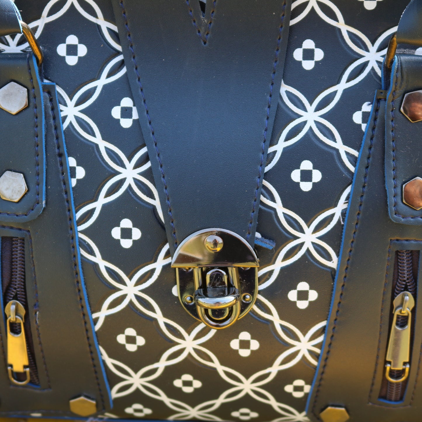 Navy Blue Geometric Print Handbag
